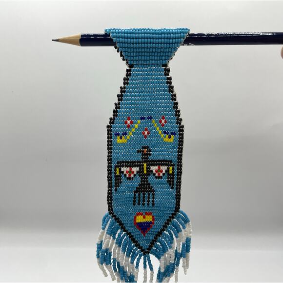 Vintage Native American Hand Beaded Necktie Thunderbird Seed Beads - Picture 5 of 7